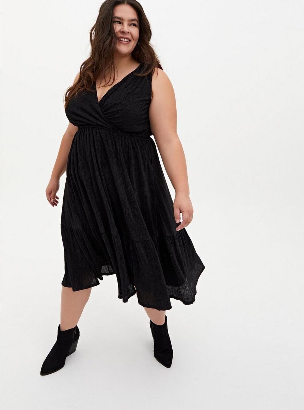 Torrid Midi Crinkle Knit Surplice Skater Dress Black 1X